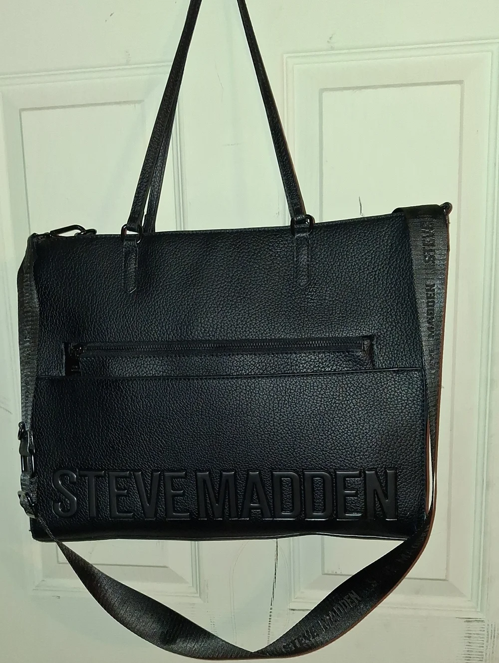 Steve Madden Black Leather Laptop Tote with Adjustable Strap NWOT